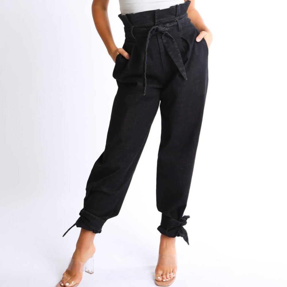 Paper bag oversized denim pants with self tie belt
